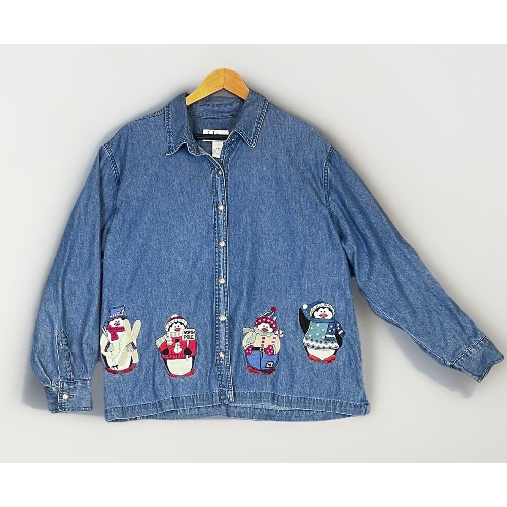 CJ Banks Denim Jacket Shacket Winter Penguin Embroidery Sz 18W Blue Stretch Y2K